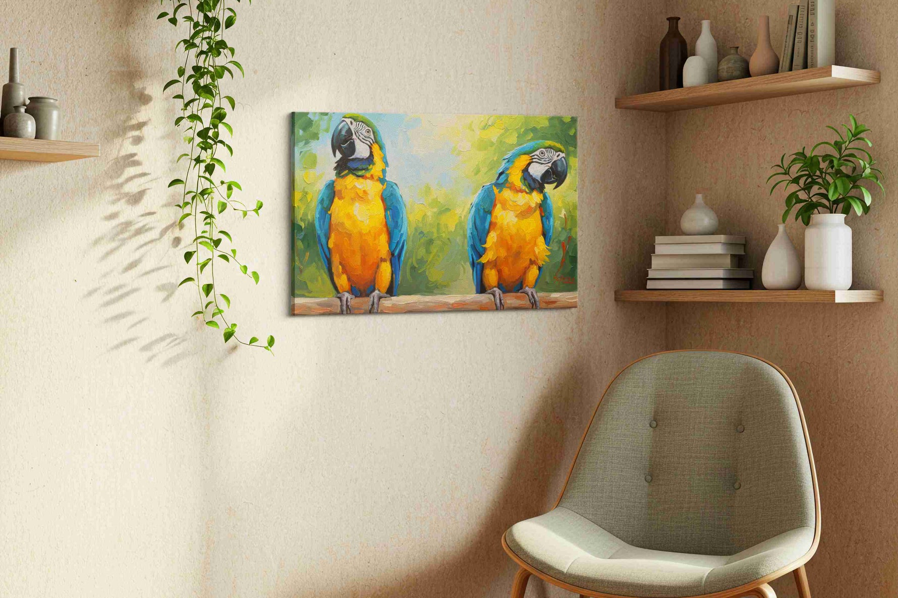 Vibrant Parrot Paradise birds canvas print, displayed in a living room