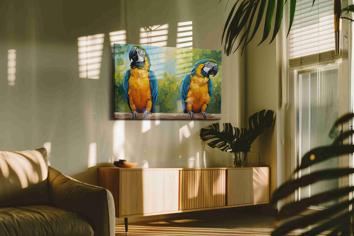 Vibrant Parrot Paradise birds canvas print in a hung canvas mockup
