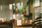 Vibrant Parrot Paradise birds canvas print in a hung canvas mockup