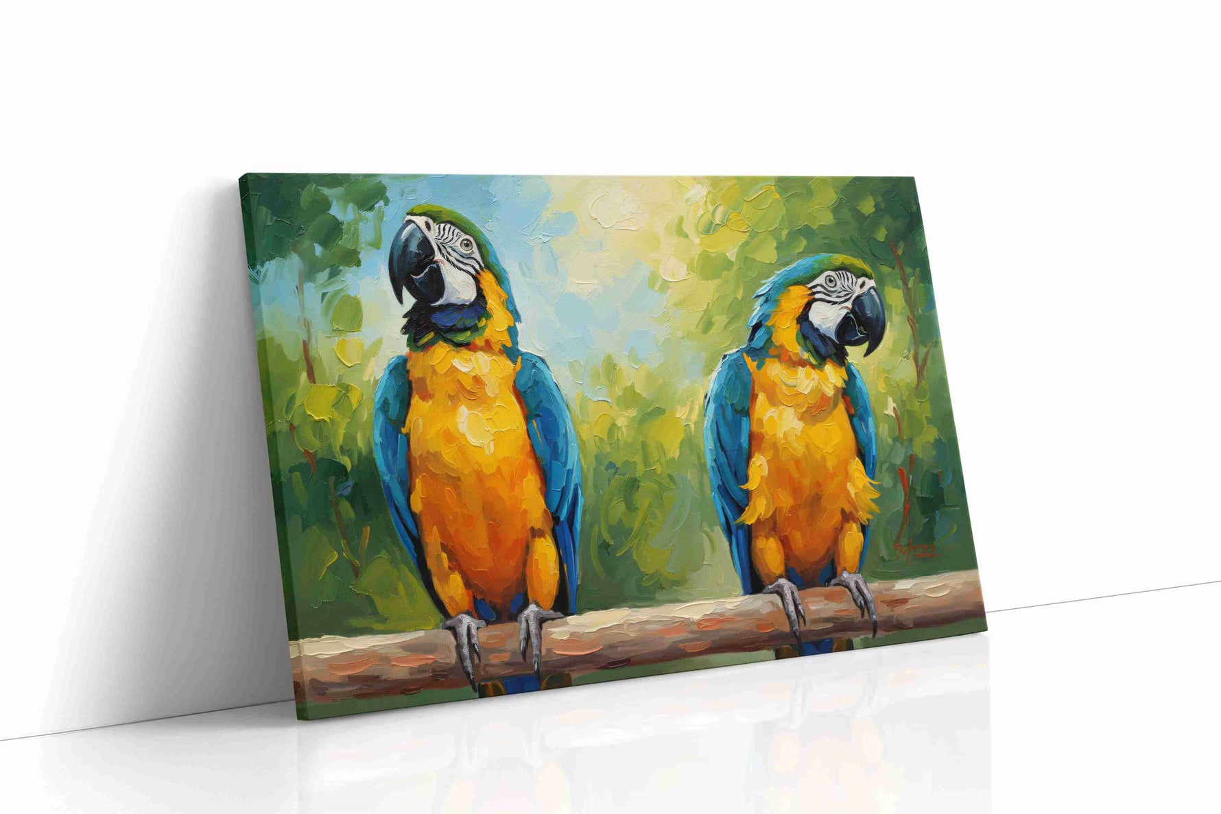 Vibrant Parrot Paradise birds canvas print gallery-wrapped landscape canvas studio shot