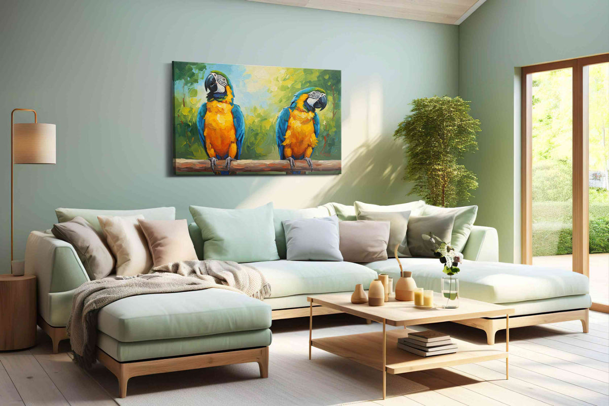 Vibrant Parrot Paradise birds canvas print, hanging on wall