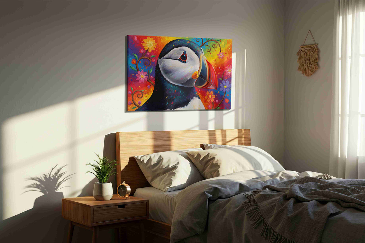 Vibrant Puffin Dreamscape birds canvas print, displayed in a bedroom