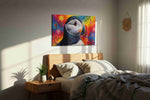Vibrant Puffin Dreamscape birds canvas print, displayed in a bedroom