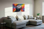 Vibrant Puffin Dreamscape birds canvas print, displayed in a living room