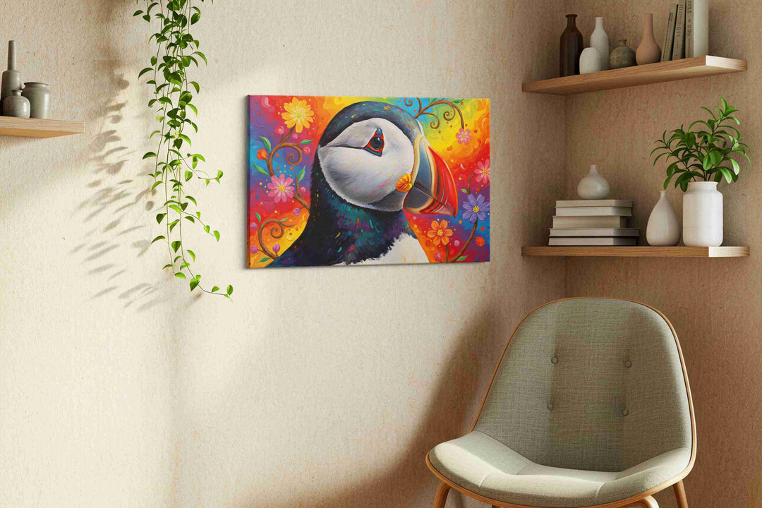 Vibrant Puffin Dreamscape – birds canvas wall art, gallery-wrapped, ready to hang