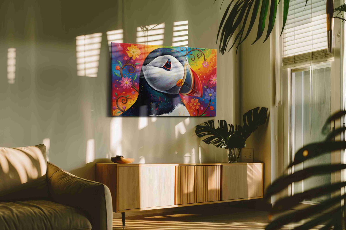 Vibrant Puffin Dreamscape birds canvas print in a hung canvas mockup