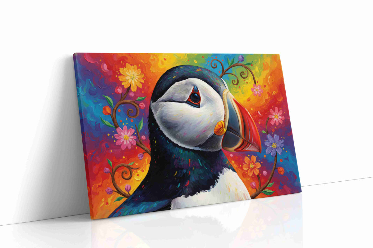 Vibrant Puffin Dreamscape birds canvas print, gallery-wrapped, ready to hang