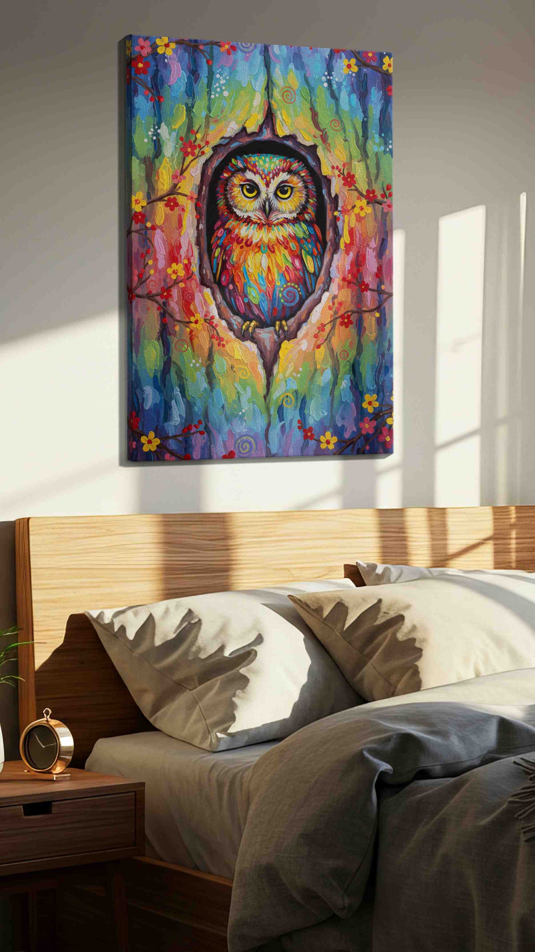 Vibrant Sentinel of the Grove birds canvas print, displayed in a bedroom