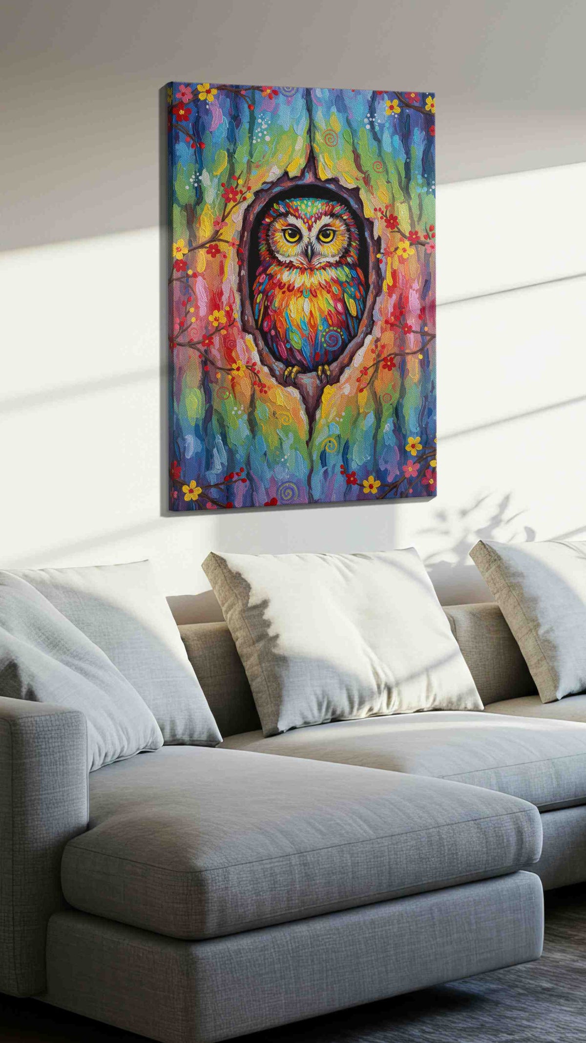 Vibrant Sentinel of the Grove birds canvas print, displayed in a living room