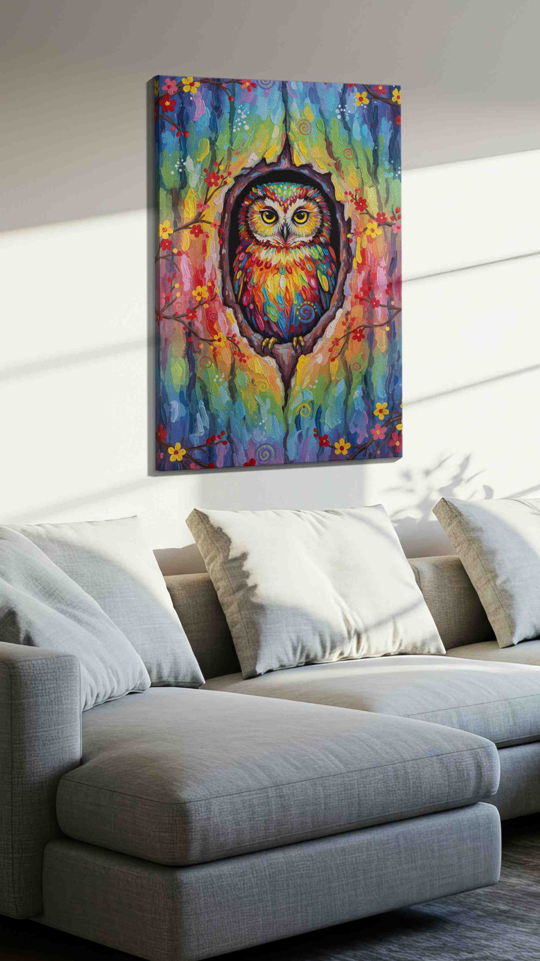 Vibrant Sentinel of the Grove birds canvas print, displayed in a living room