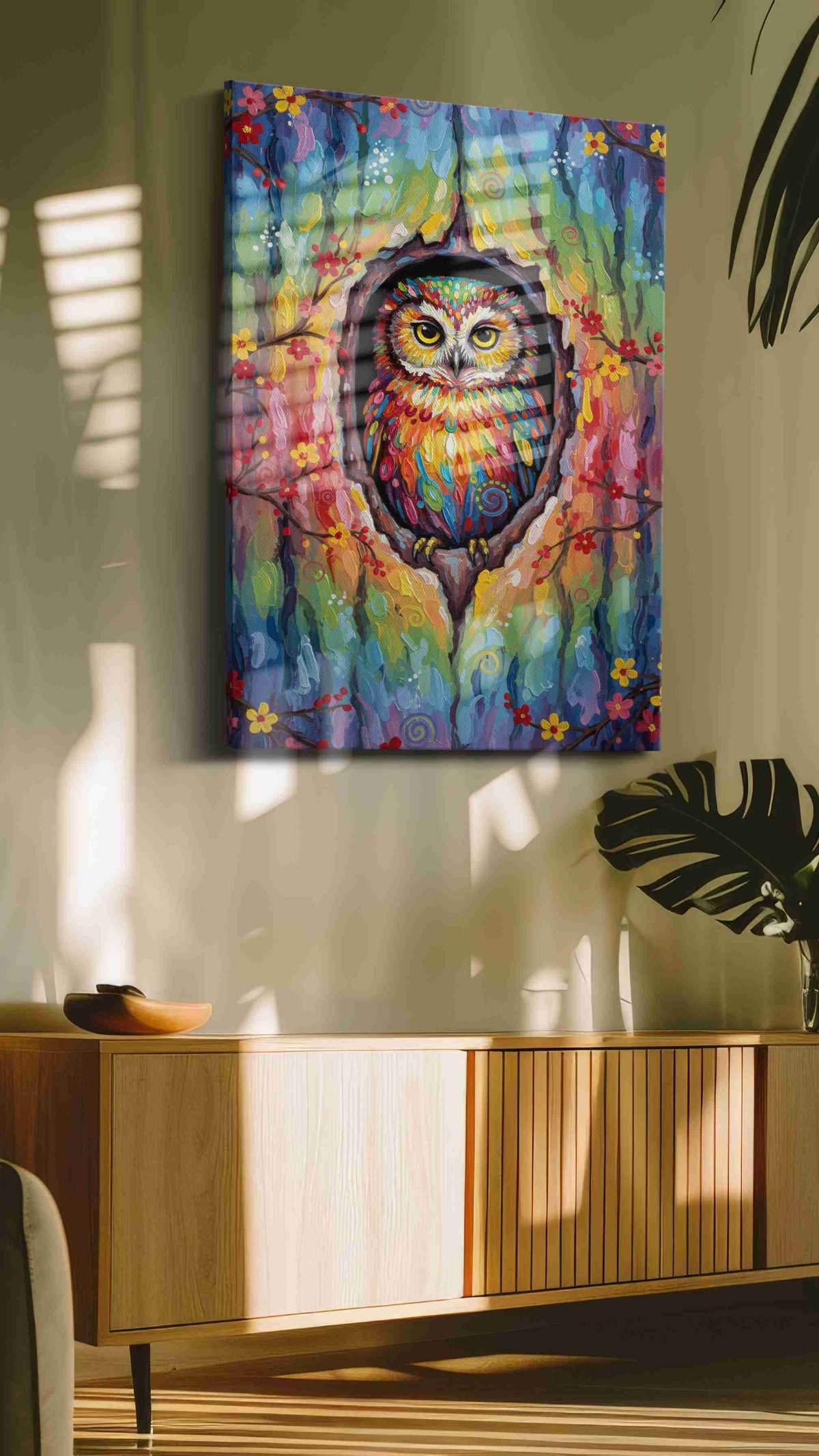 Vibrant Sentinel of the Grove birds canvas print in a hung canvas mockup