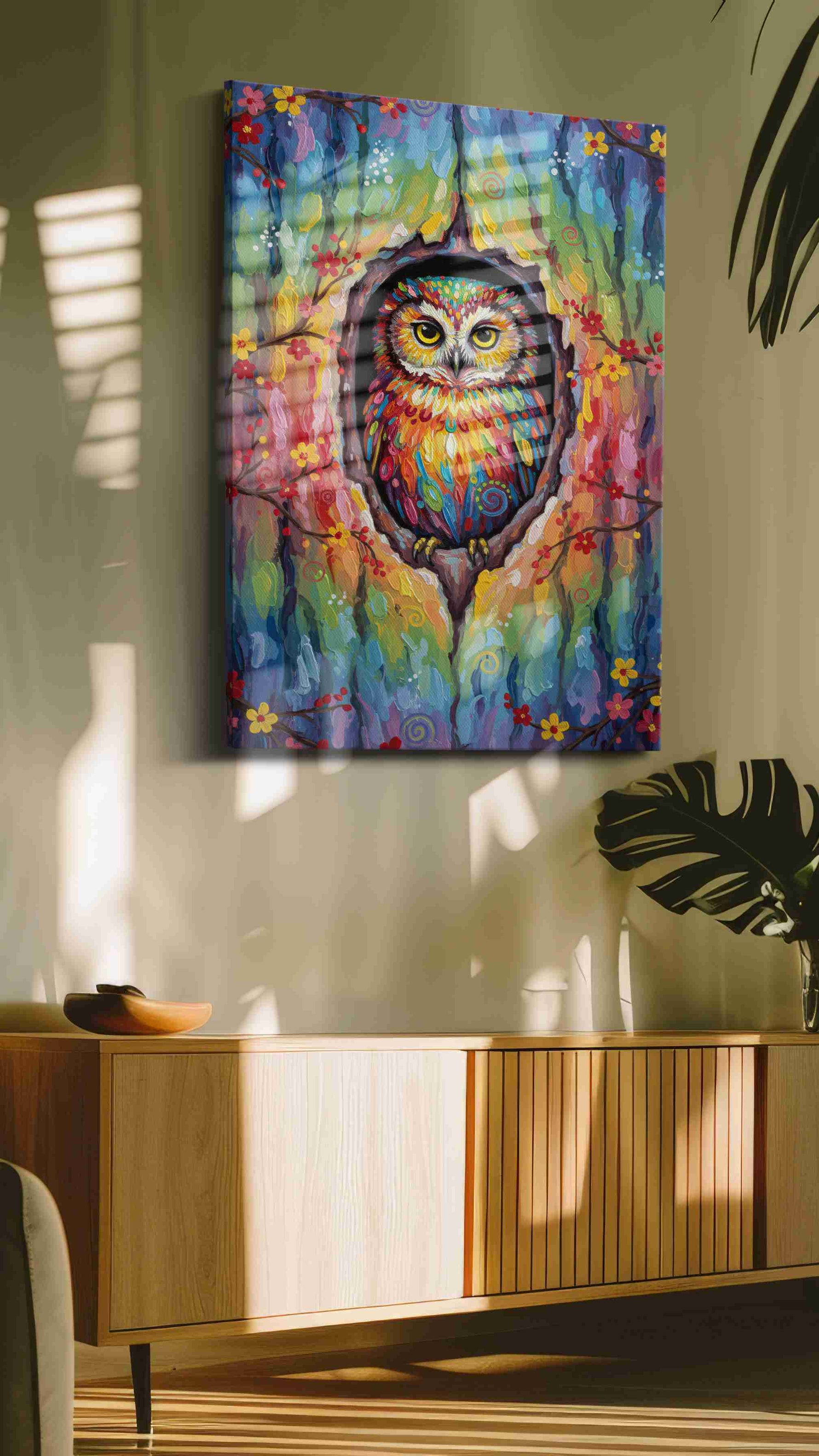 Vibrant Sentinel of the Grove birds canvas print in a hung canvas mockup