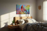 Vibrant Serenade birds canvas print, displayed in a bedroom