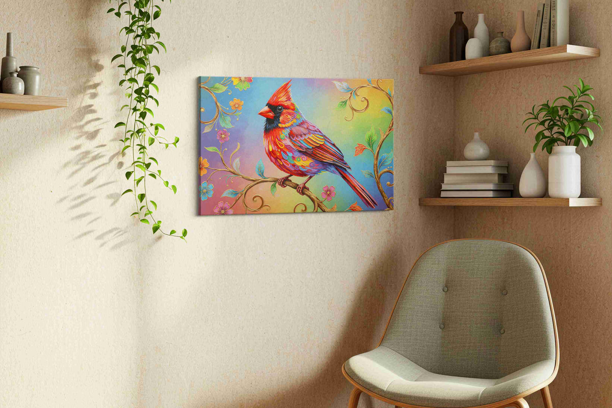 Vibrant Serenade birds canvas print, displayed in a living room