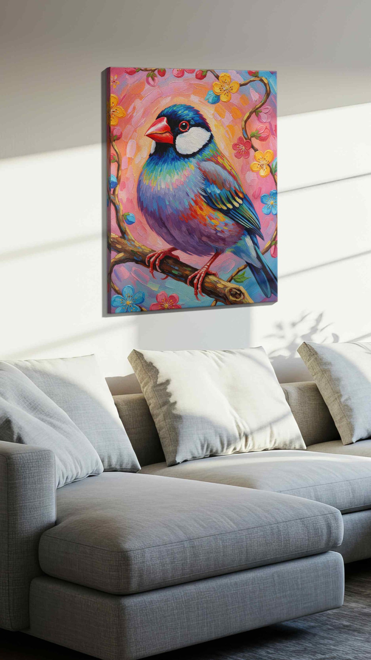 Vibrant Serenade of Spring birds canvas print, displayed in a living room