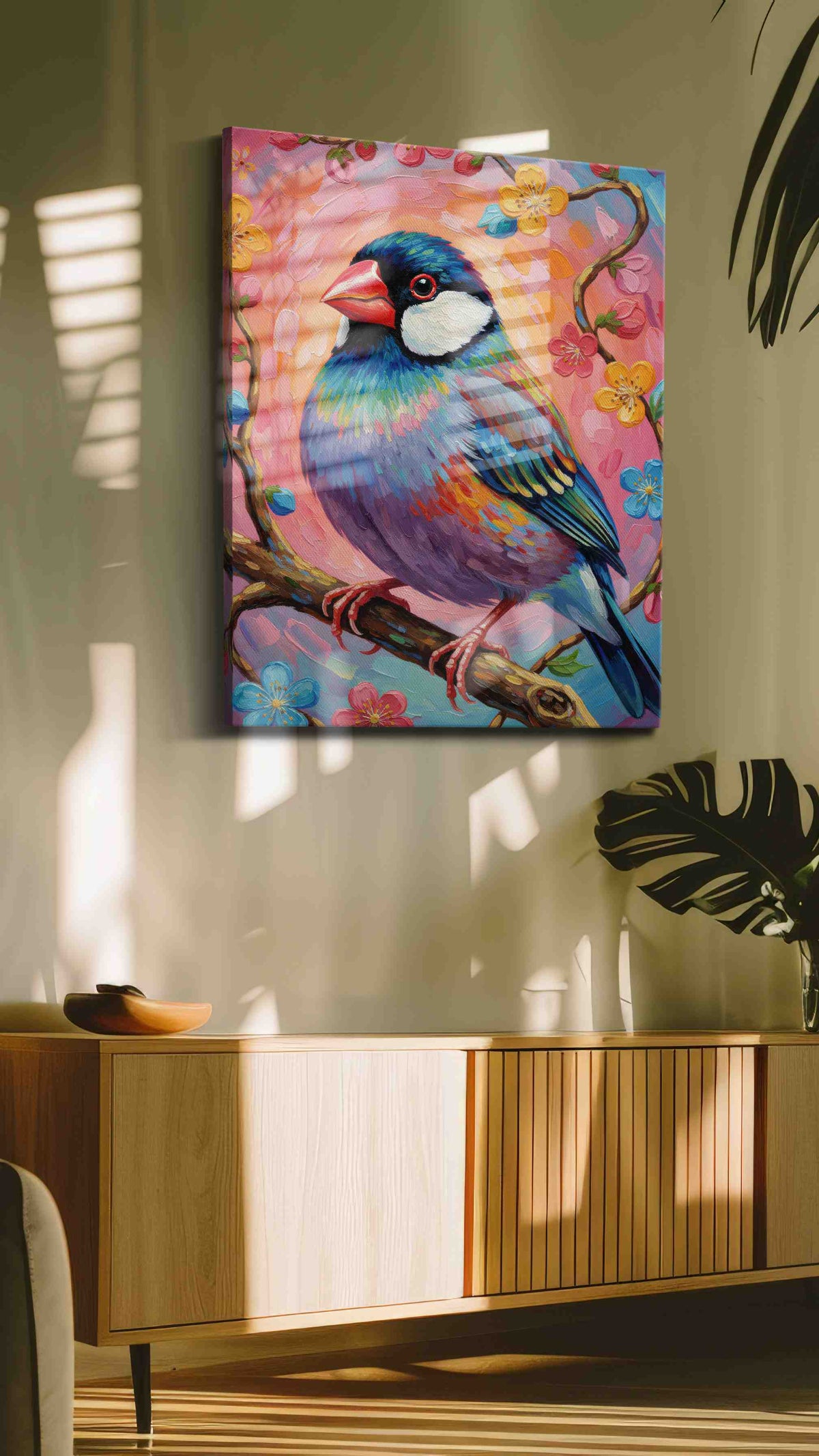 Vibrant Serenade of Spring birds canvas print in a hung canvas mockup