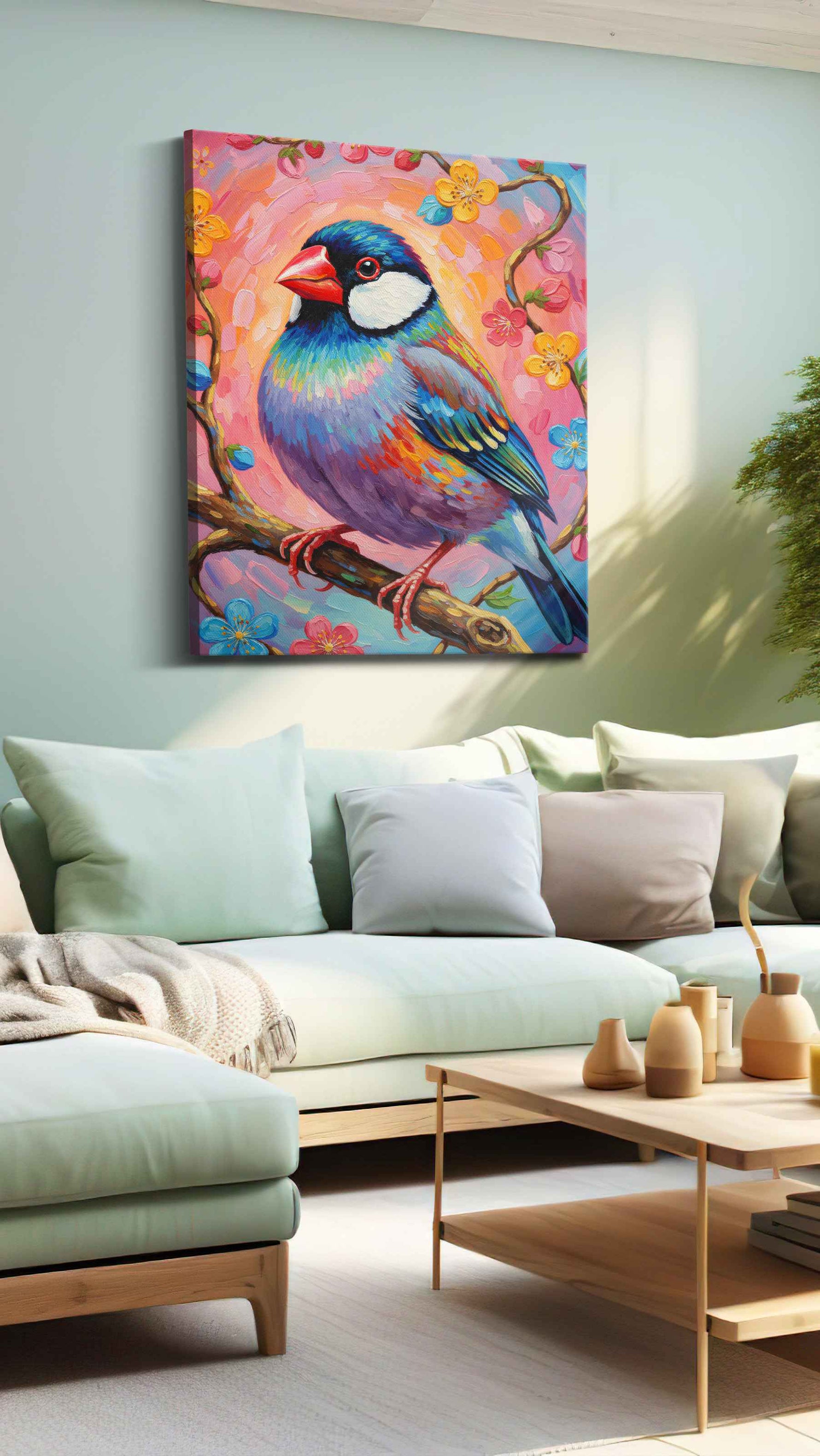 Vibrant Serenade of Spring birds canvas print, hanging on wall