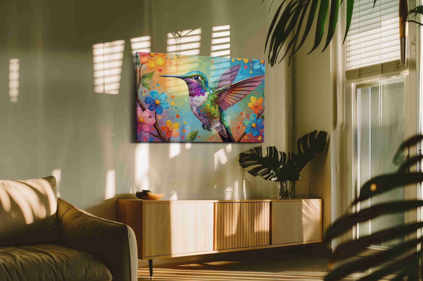 Vibrant Whispers of Hummingbird birds canvas print styled in a living room