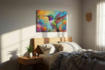 Vibrant Whispers of Hummingbird birds canvas print, displayed in a bedroom