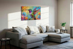 Vibrant Whispers of Hummingbird birds canvas print, displayed in a living room