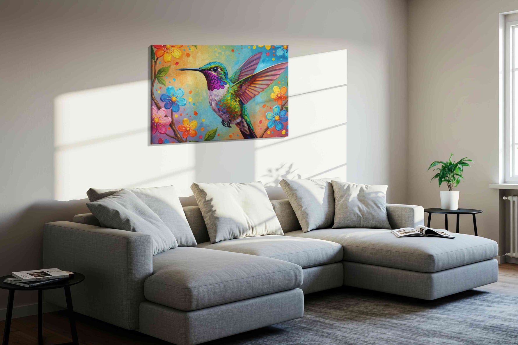 Vibrant Whispers of Hummingbird birds canvas print, displayed in a living room