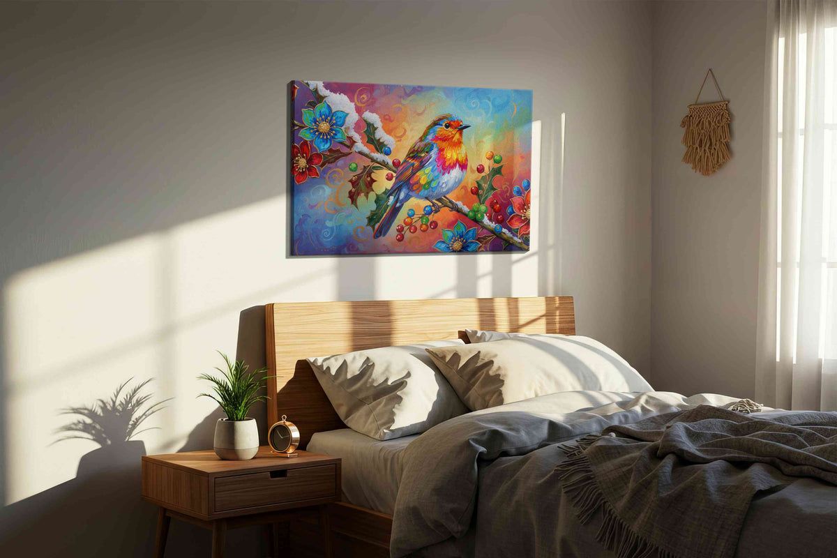 Vibrant Whispers of Winter birds canvas print, displayed in a bedroom