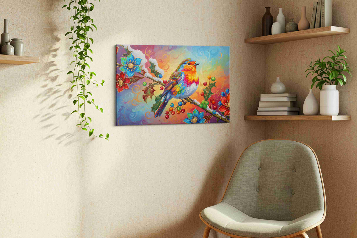 Vibrant Whispers of Winter birds canvas print, displayed in a living room