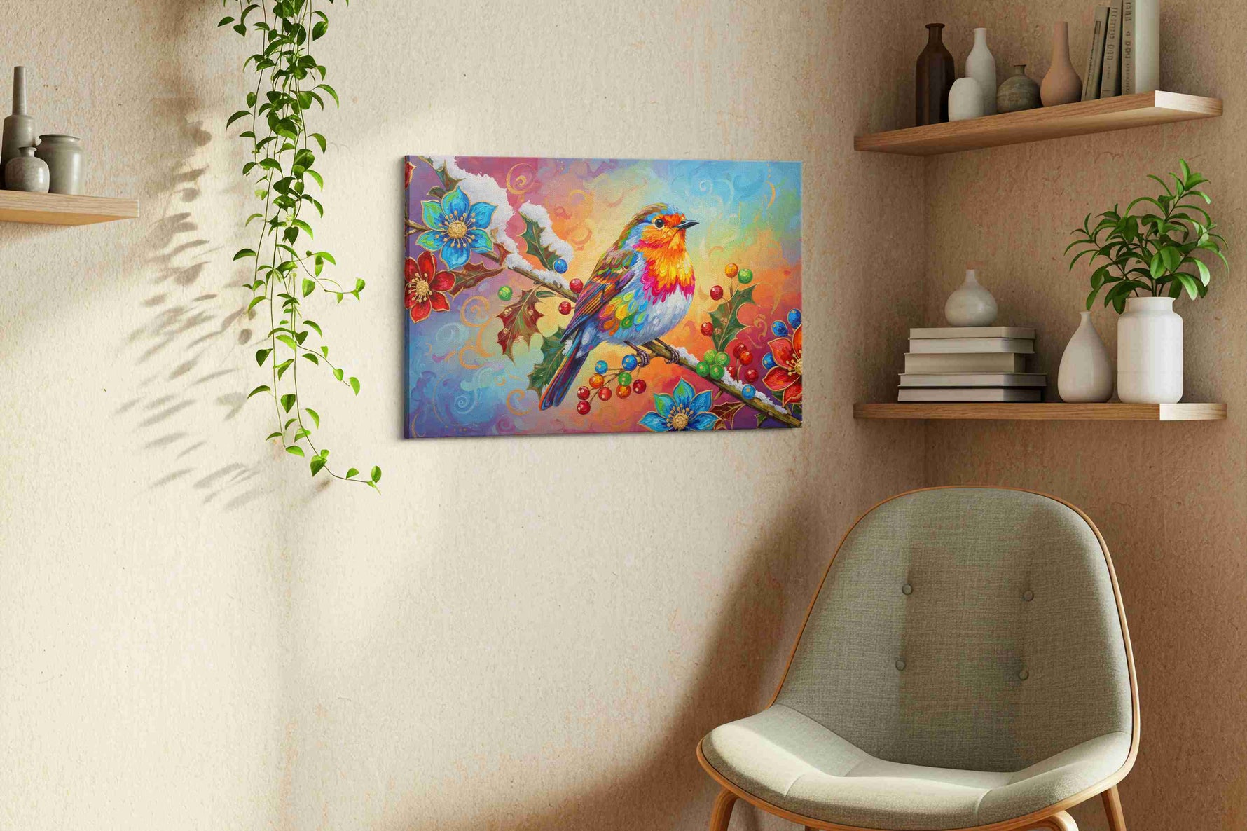 Vibrant Whispers of Winter birds canvas print, displayed in a living room