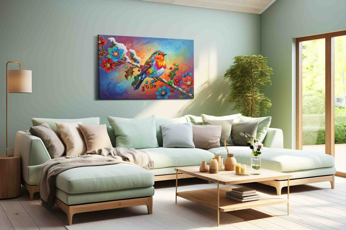 Vibrant Whispers of Winter birds canvas print shown in a wall scene
