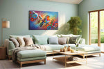Vibrant Whispers of Winter birds canvas print shown in a wall scene