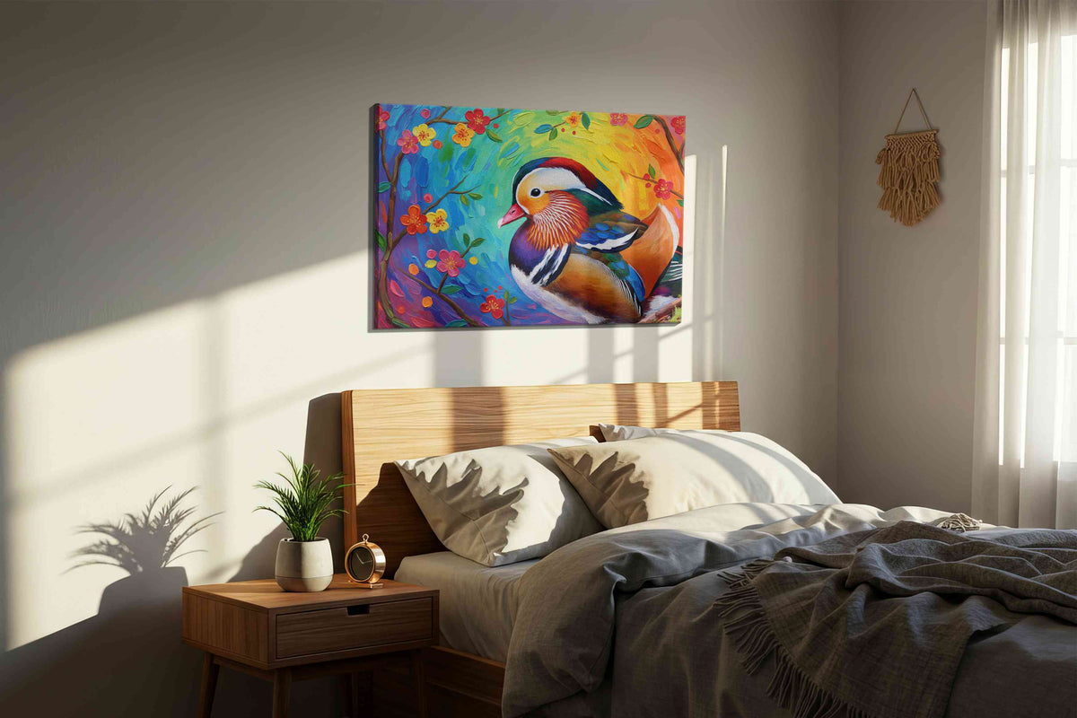 Whimsical Mandarin Dreams birds canvas print, displayed in a bedroom