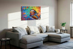 Whimsical Mandarin Dreams birds canvas print, displayed in a living room