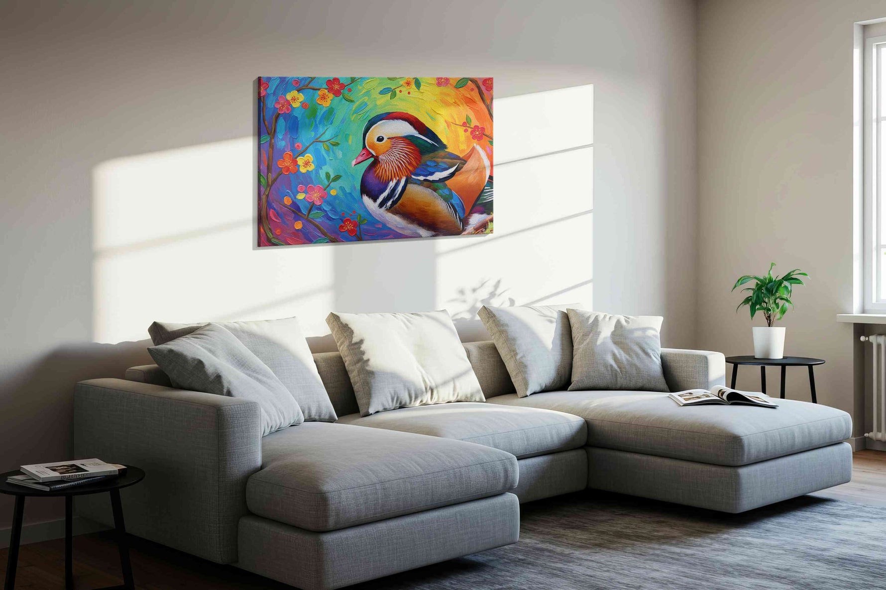 Whimsical Mandarin Dreams birds canvas print, displayed in a living room