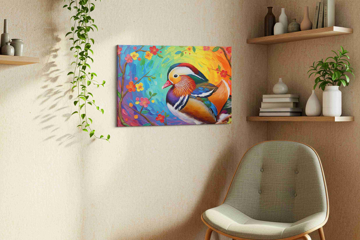Whimsical Mandarin Dreams birds canvas print styled in a living room