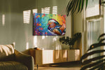 Whimsical Mandarin Dreams birds canvas print in a hung canvas mockup