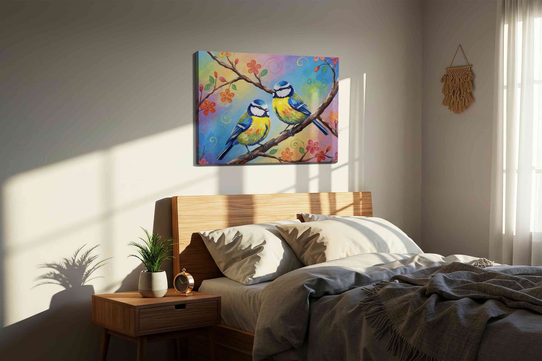 Whimsical Spring Serenade birds canvas print, displayed in a bedroom