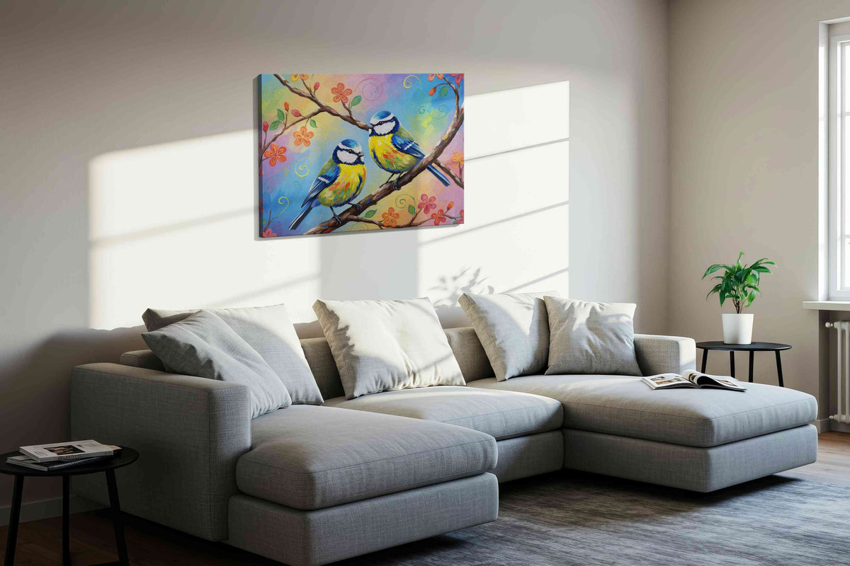 Whimsical Spring Serenade birds canvas print in a living room scene