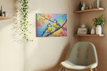 Whimsical Spring Serenade birds canvas print, displayed in a living room