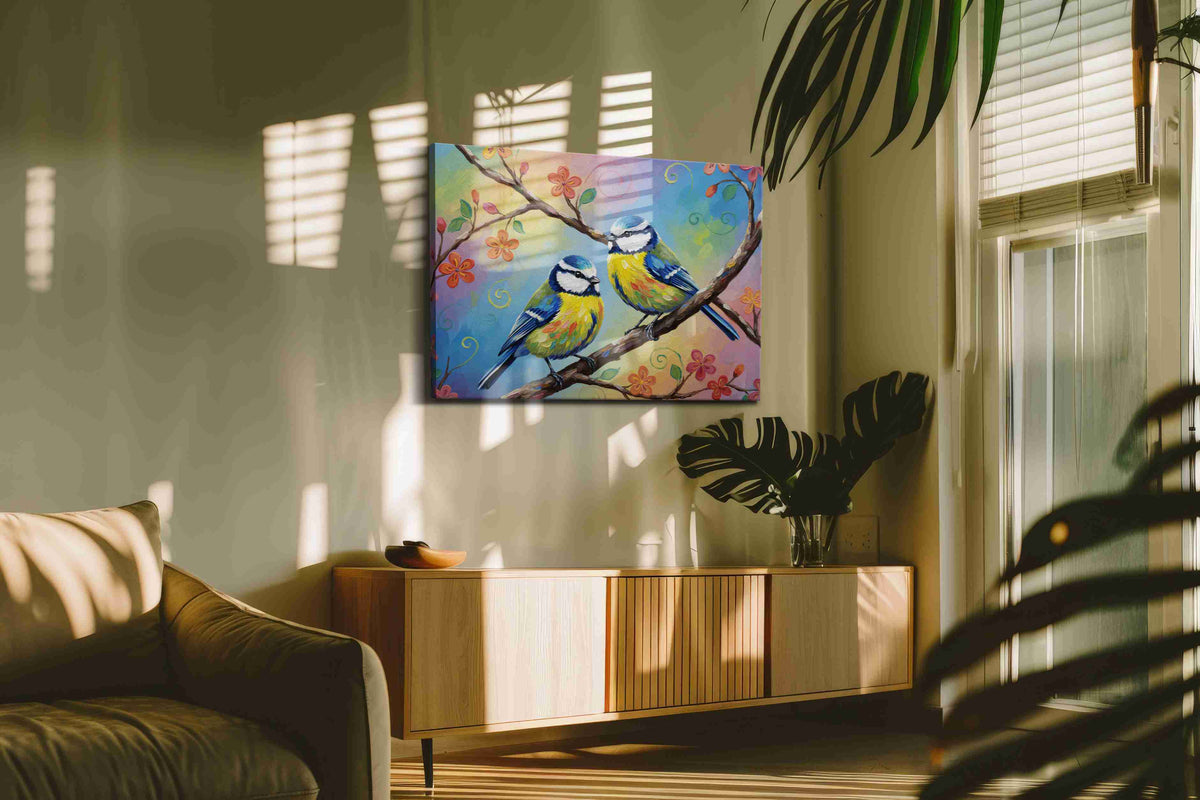 Whimsical Spring Serenade birds canvas print, on wall, lifestyle preview