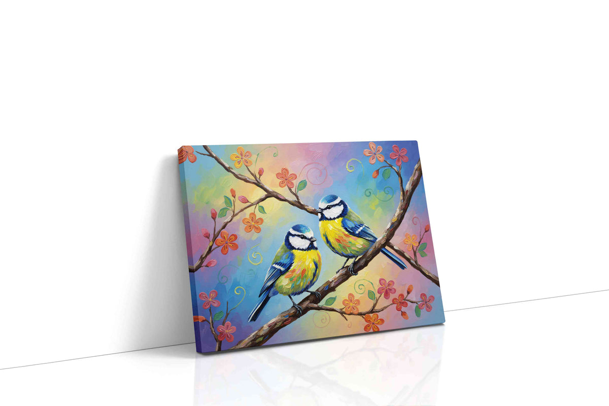 Whimsical Spring Serenade birds canvas print gallery-wrapped landscape canvas studio shot