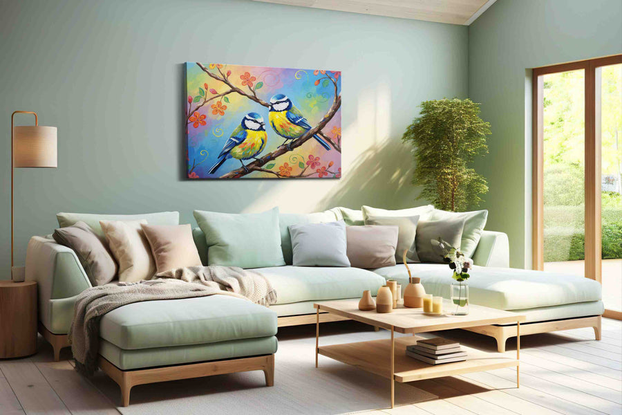 Whimsical Spring Serenade birds canvas print, hanging on wall