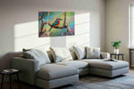 Whimsical Spring Songbird birds canvas print, displayed in a living room