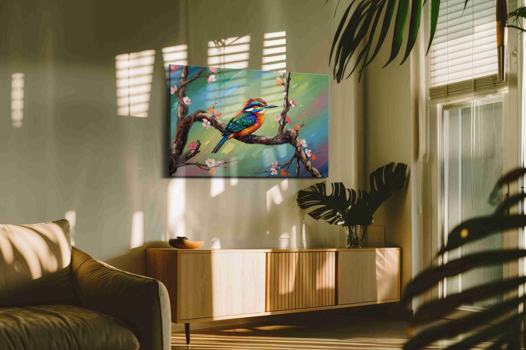 Whimsical Spring Songbird birds canvas print, on wall, lifestyle preview