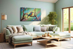 Whimsical Spring Songbird birds canvas print, hanging on wall