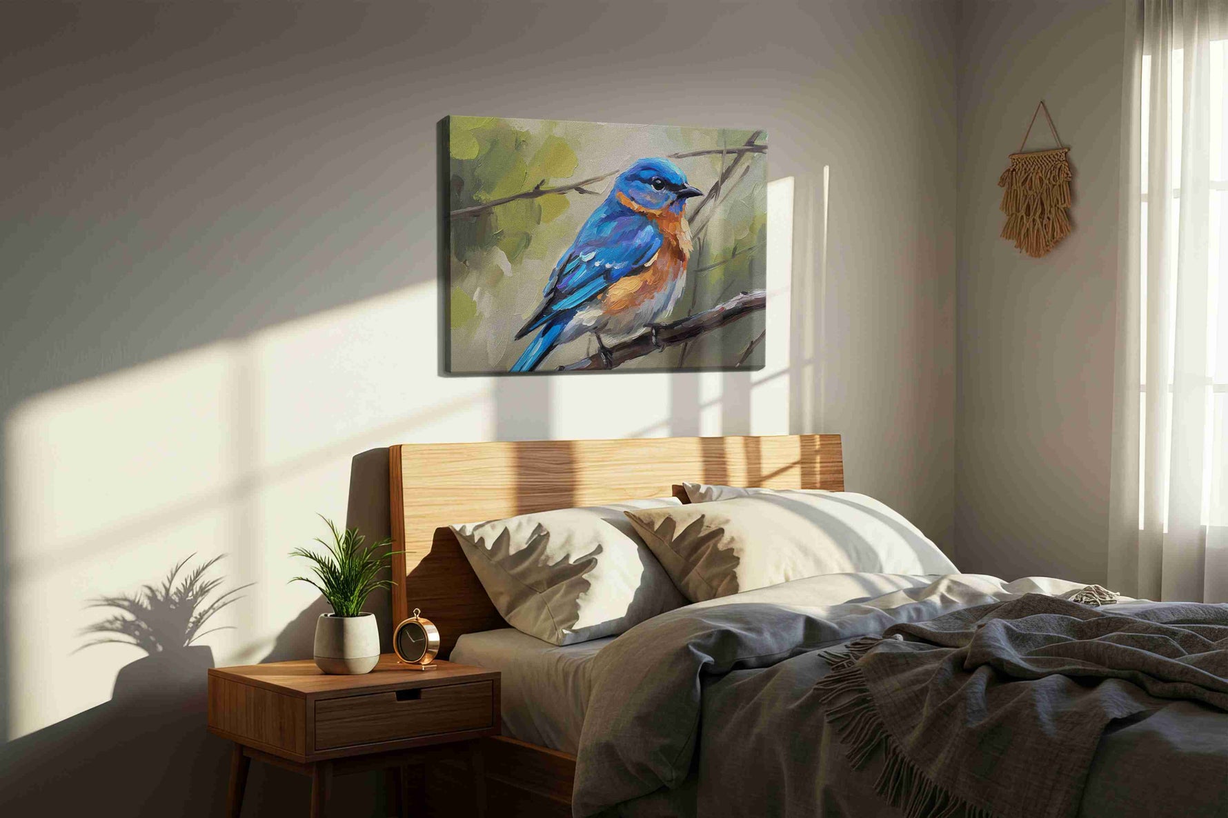Whisper of the Azure Wings birds canvas print, displayed in a bedroom