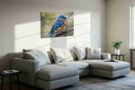 Whisper of the Azure Wings birds canvas print, displayed in a living room