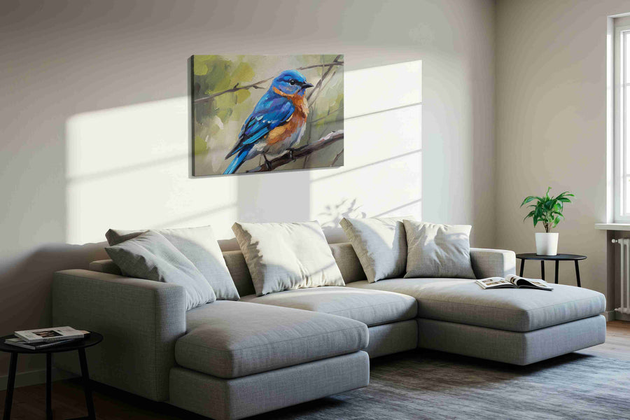 Whisper of the Azure Wings birds canvas print, displayed in a living room