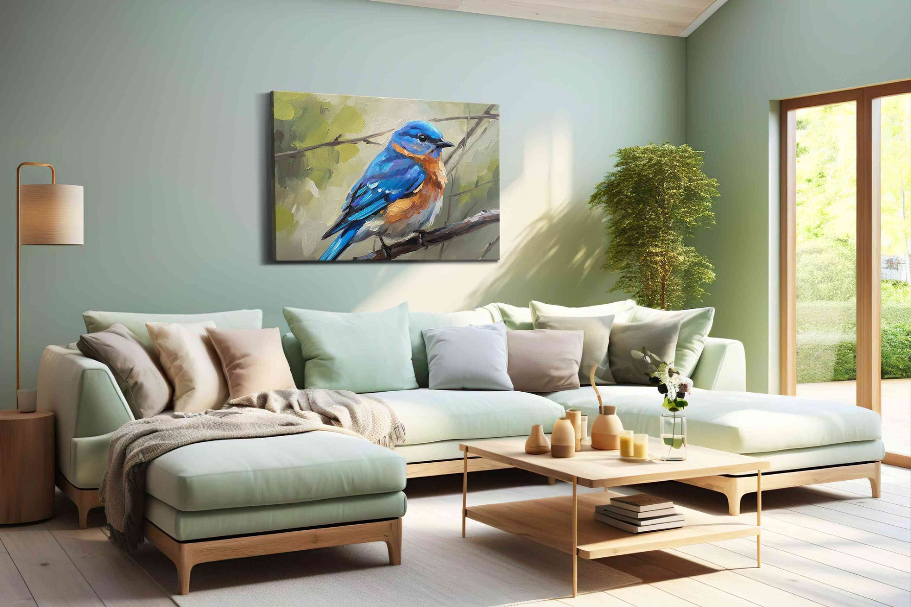 Whisper of the Azure Wings birds canvas print, hanging on wall