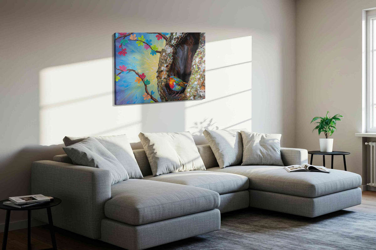 Whisper of the Painted Woods birds canvas print, displayed in a living room