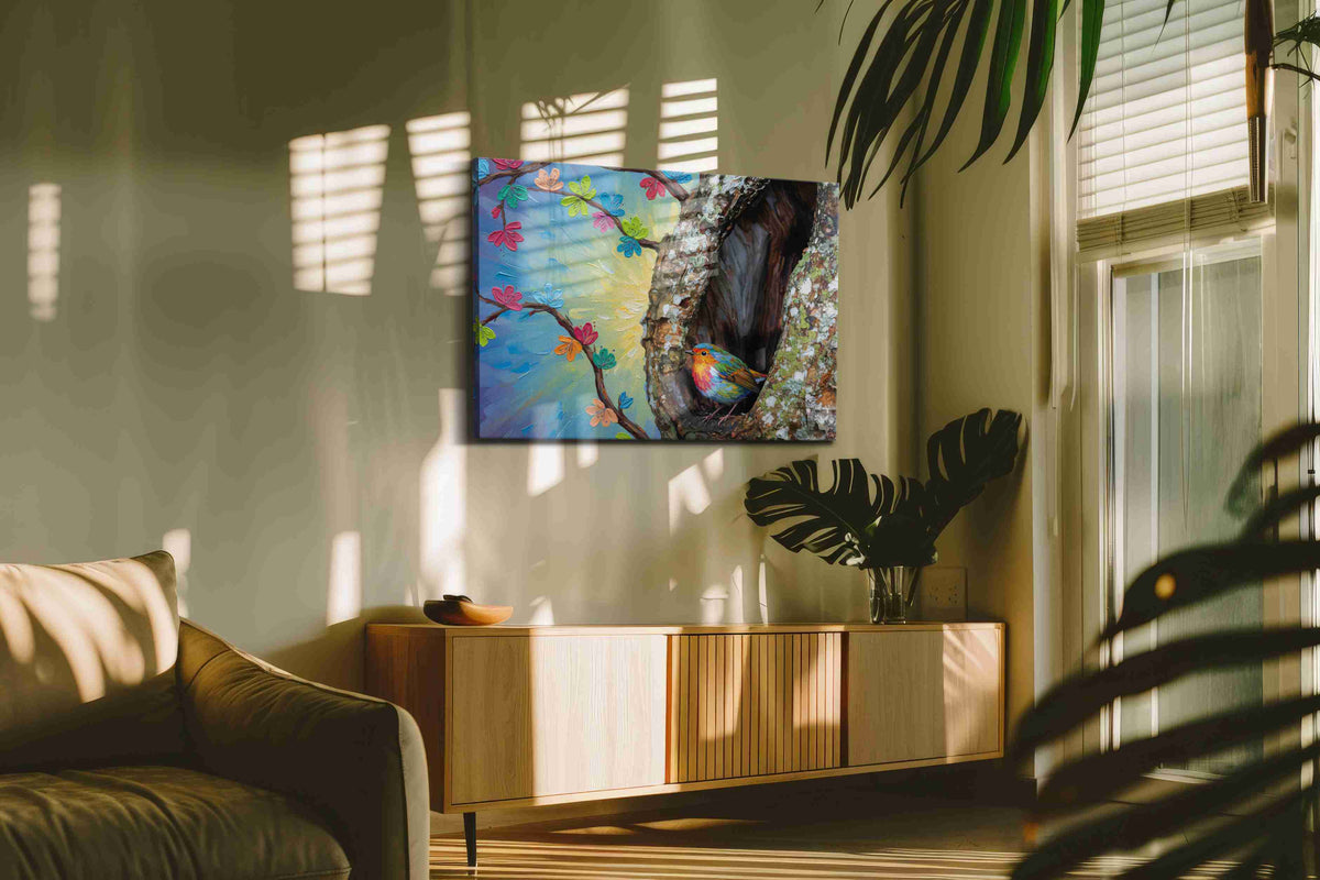 Whisper of the Painted Woods birds canvas print, hanging on wall